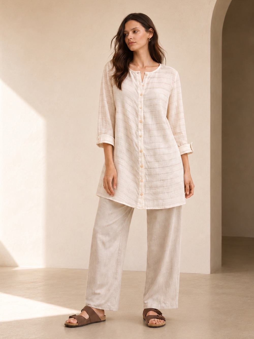Lagenlook Linen Tunic Gold Stripe Textured Relaxed Editorial Sz 1X